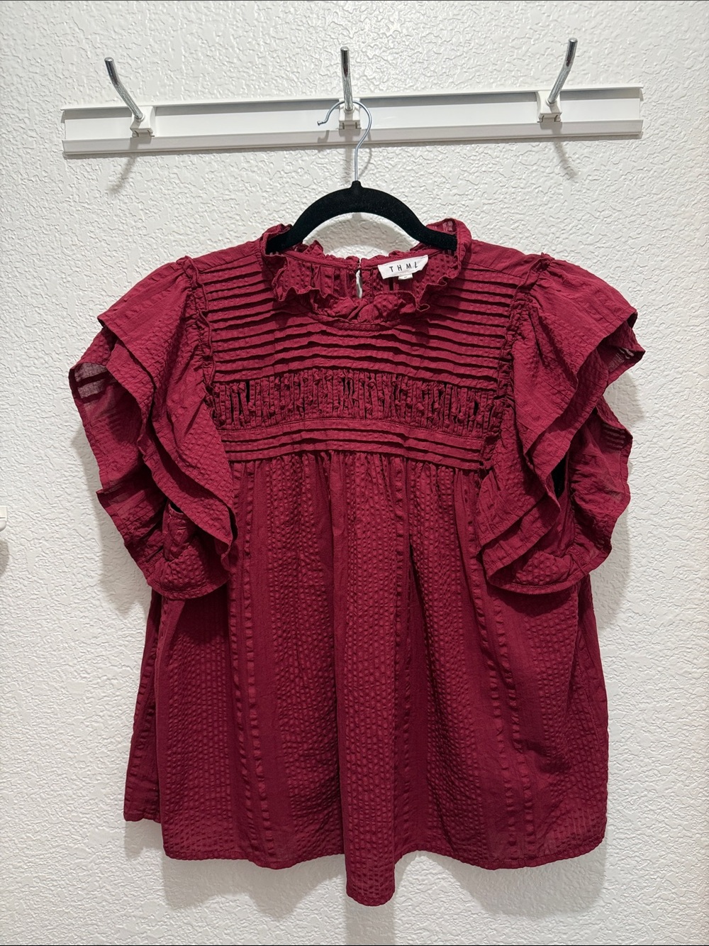 THML Wine Red Ruffle Pintuck Blouse